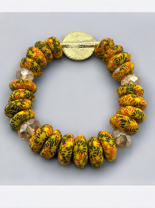 Yellow Krobo Beads Brass Ethnic Bracelet