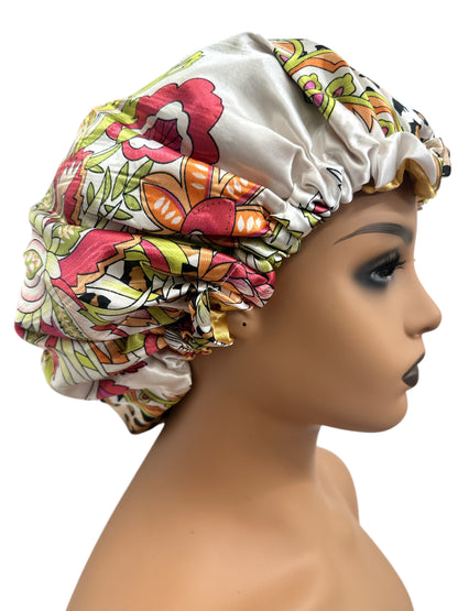 Adjustable Double-Layered Reversible Satin Silk Bonnet Cap – Premium Hair Protection Sleep Cap