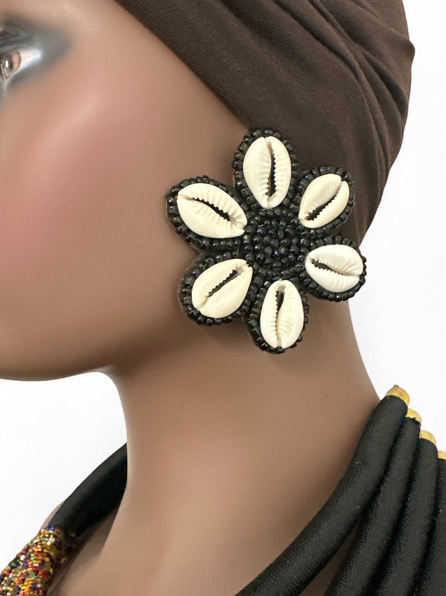 Handmade Cowrie Shell Beaded Earrings - Floral Statement Design