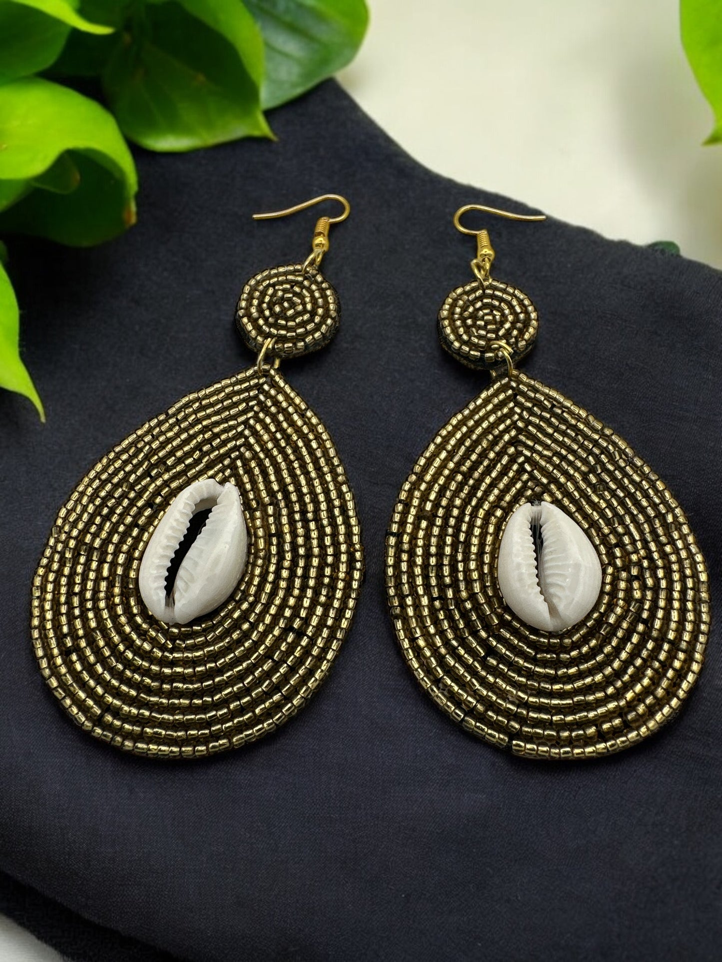 Handmade Gold Beaded Cowrie Shell Earrings