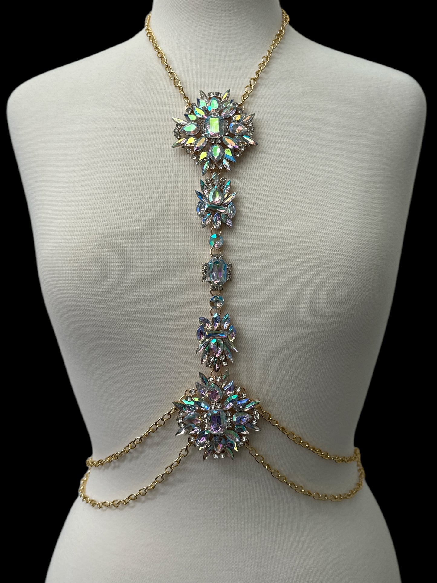 Luxury Rhinestone Crystal Statement Body Chain – Gold Plated, Festival & Party Jewellery