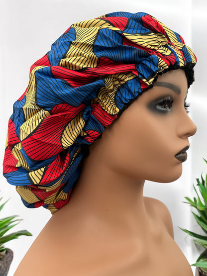 Double-Layered Ankara Satin Silk Reversible Bonnet Cap – Extra Large for Braids & Natural Hair Protection