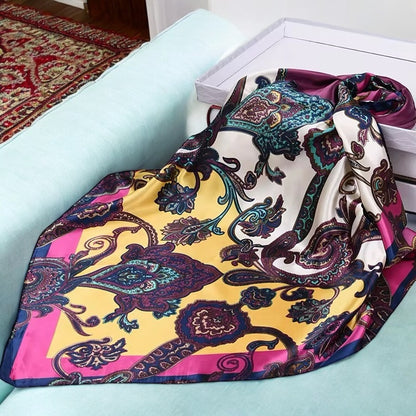 Luxury Square Satin Silk Scarf – Elegant Floral & Paisley Print for Women