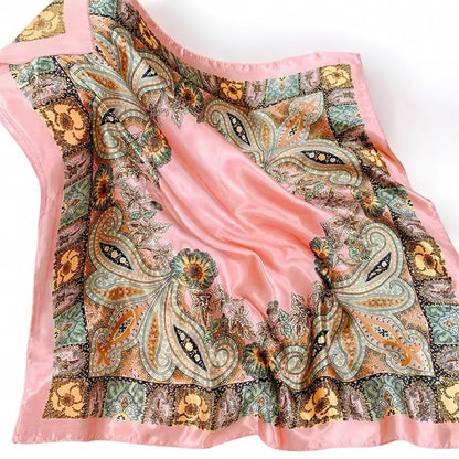 Luxury Square Satin Silk Scarf – Elegant Floral Paisley Print for Women