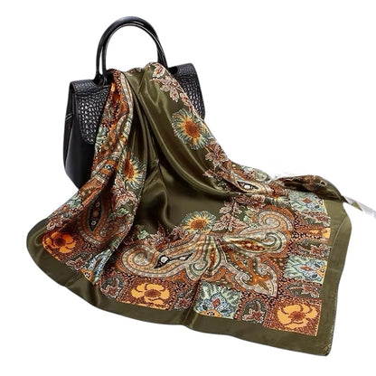 Luxury Square Satin Silk Scarf – Elegant Floral Paisley Print for Women