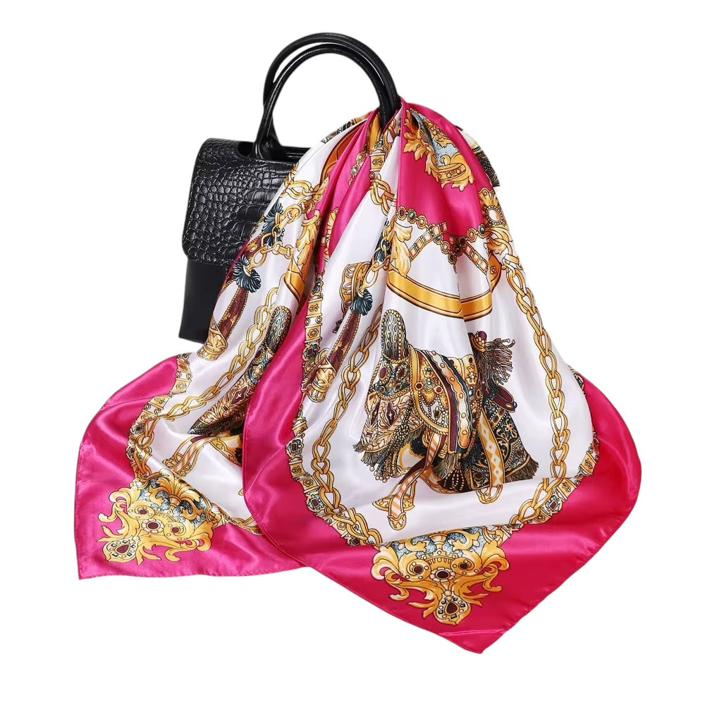 Luxury Square Satin Silk Scarf – Elegant Equestrian Print for Women