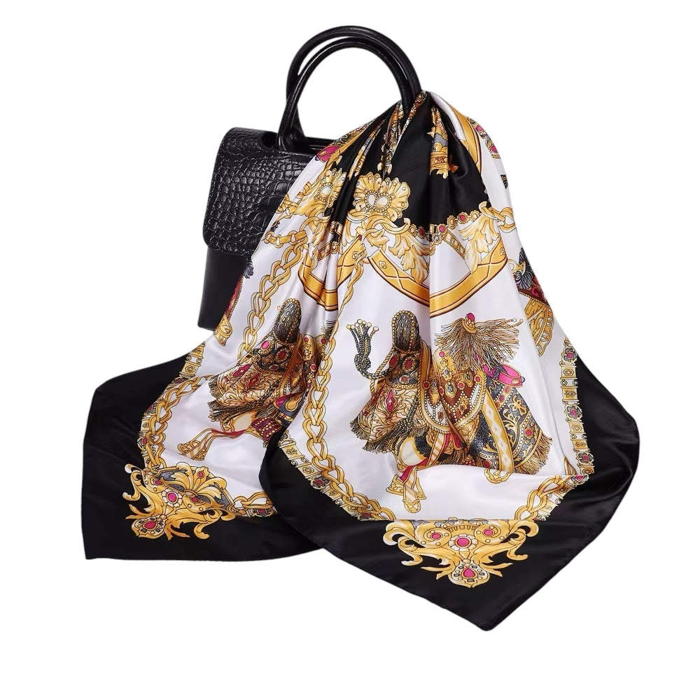 Luxury Square Satin Silk Scarf – Elegant Equestrian Print for Women