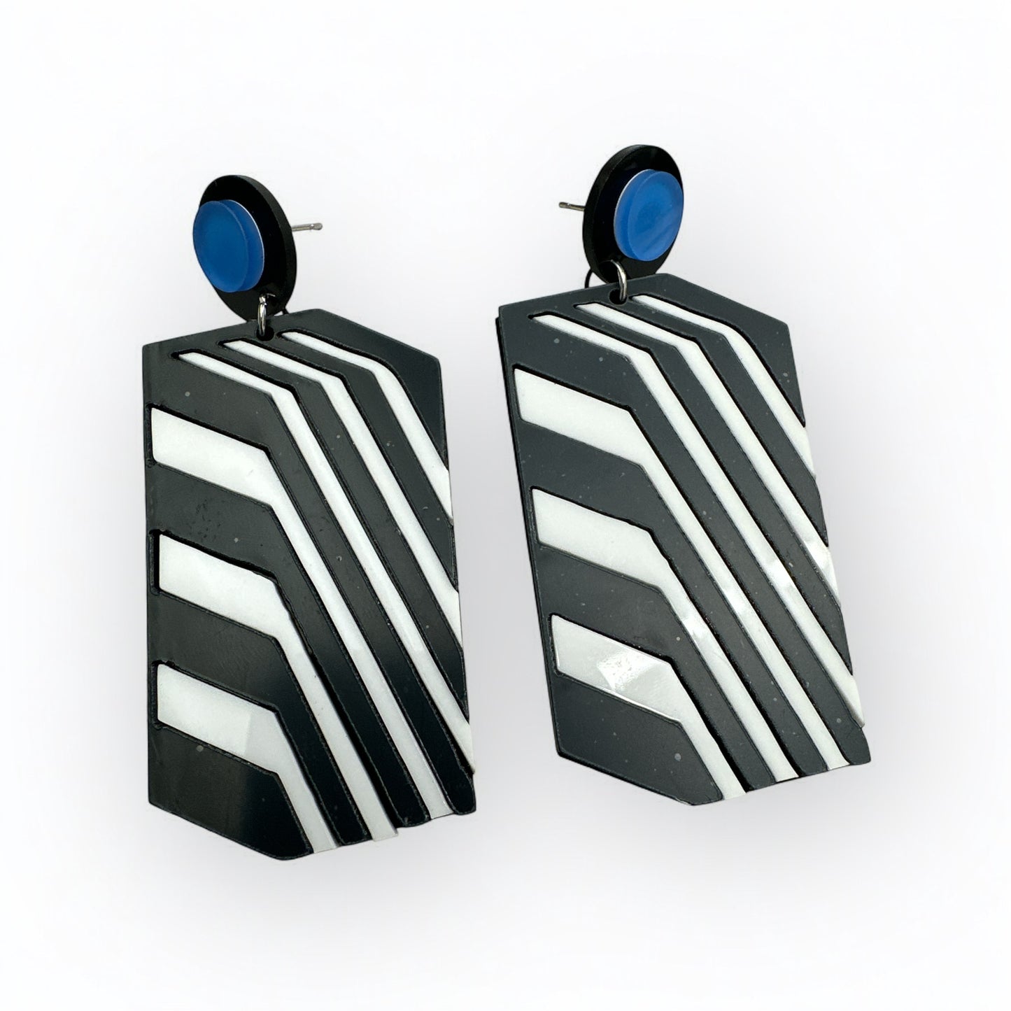 Bold Retro Geometric Black & White Statement Earrings – Bold Acrylic Drop Earrings with Blue Stud