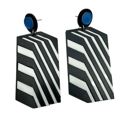 Bold Retro Geometric Black & White Statement Earrings – Bold Acrylic Drop Earrings with Blue Stud