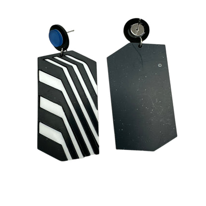 Bold Retro Geometric Black & White Statement Earrings – Bold Acrylic Drop Earrings with Blue Stud