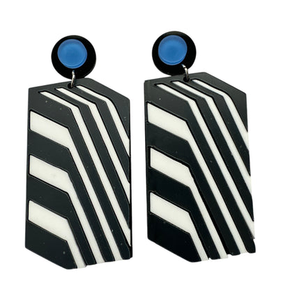 Bold Retro Geometric Black & White Statement Earrings – Bold Acrylic Drop Earrings with Blue Stud