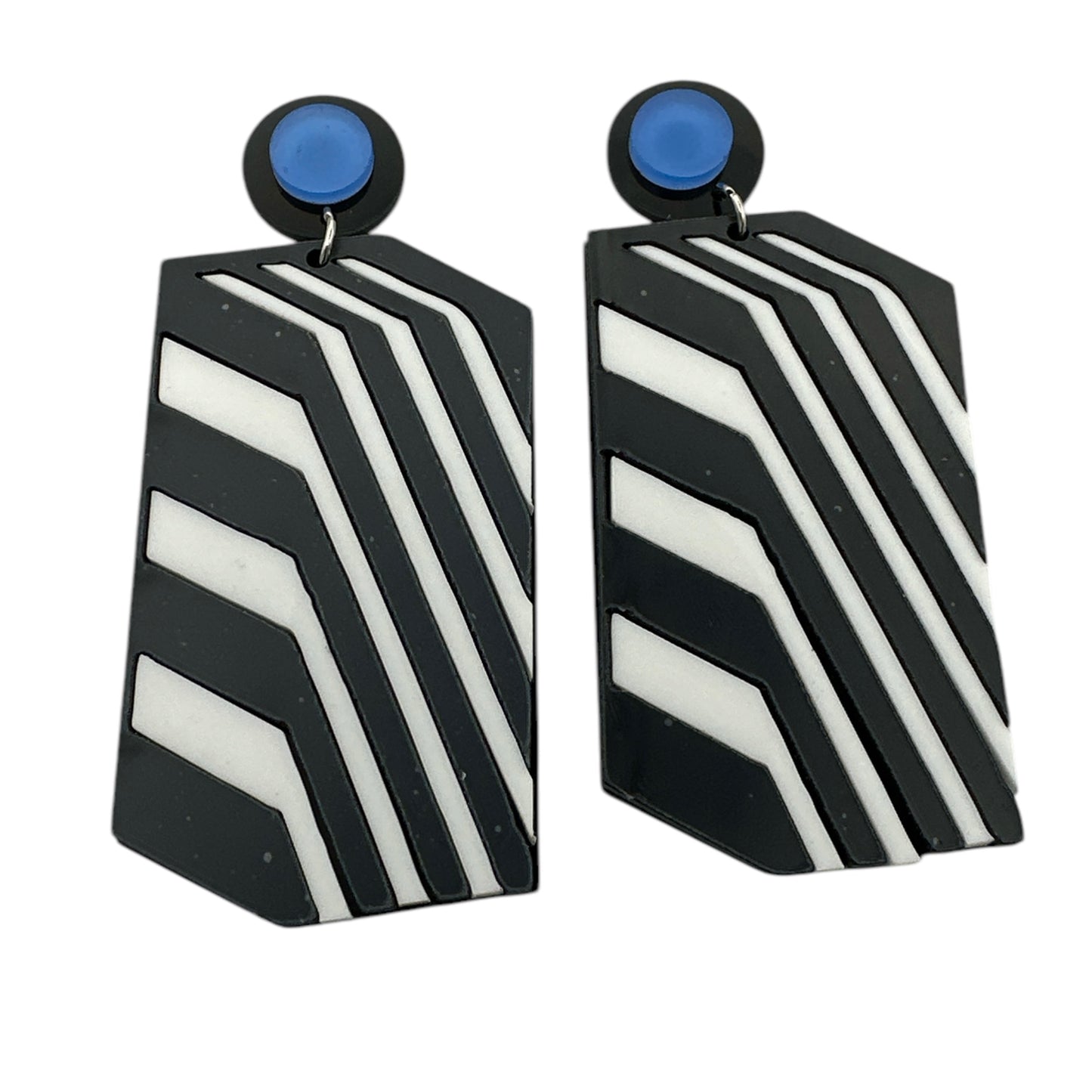 Bold Retro Geometric Black & White Statement Earrings – Bold Acrylic Drop Earrings with Blue Stud