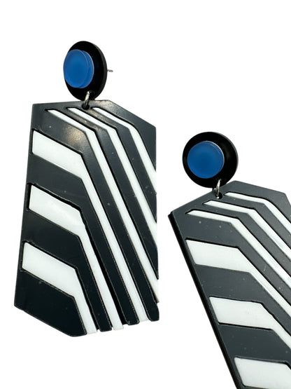 Bold Retro Geometric Black & White Statement Earrings – Bold Acrylic Drop Earrings with Blue Stud