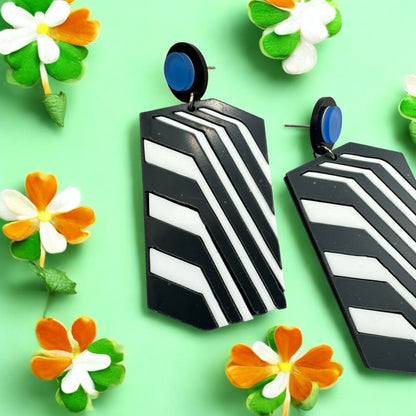 Bold Retro Geometric Black & White Statement Earrings – Bold Acrylic Drop Earrings with Blue Stud