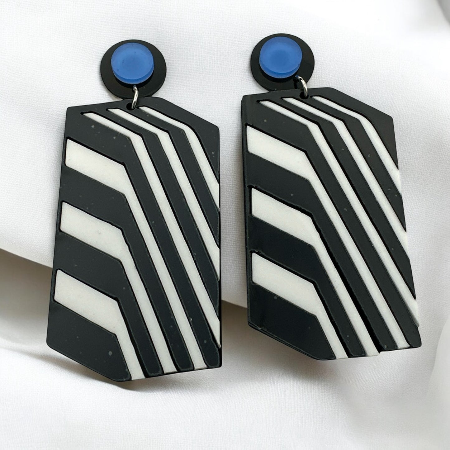 Bold Retro Geometric Black & White Statement Earrings – Bold Acrylic Drop Earrings with Blue Stud