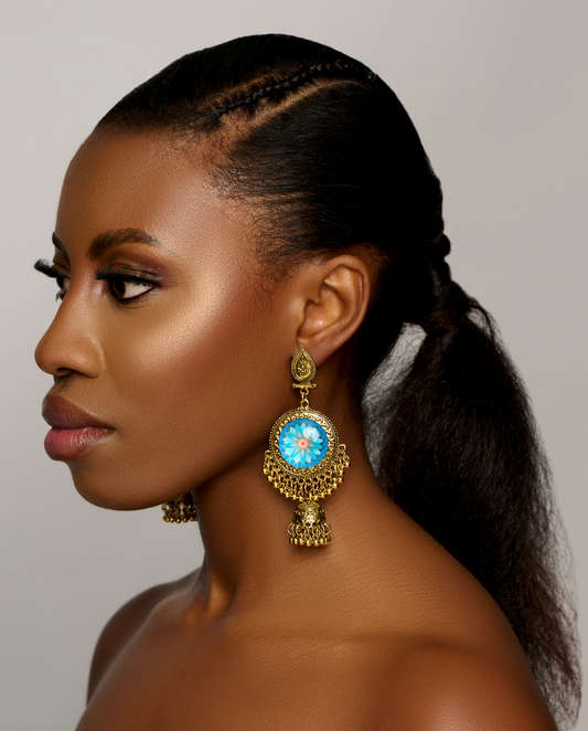 Traditional Bohemian Blue Floral Jhumka Ethnic Earrings with Gold Detailing