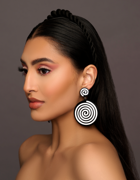 Black and White Spiral Statement Earrings – Bold Geometric Dangle Earrings for Women