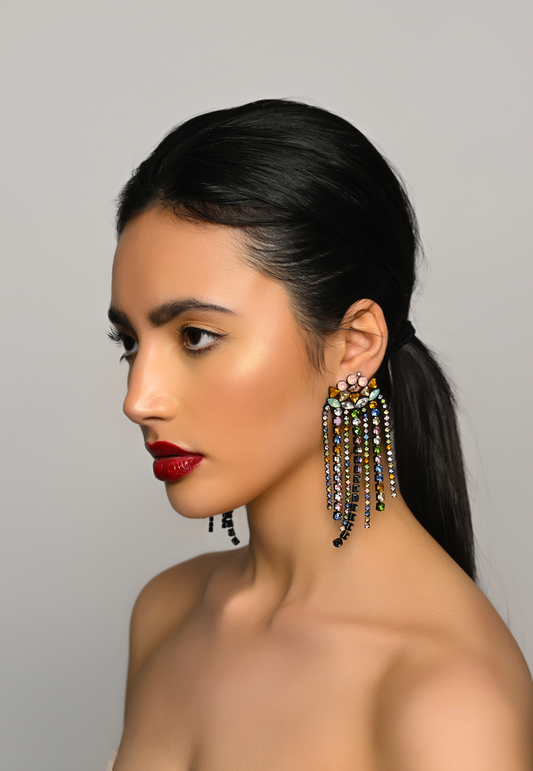 Elegant Multicoloured Crystal Fringe Earrings – Statement Drop Earrings for Women