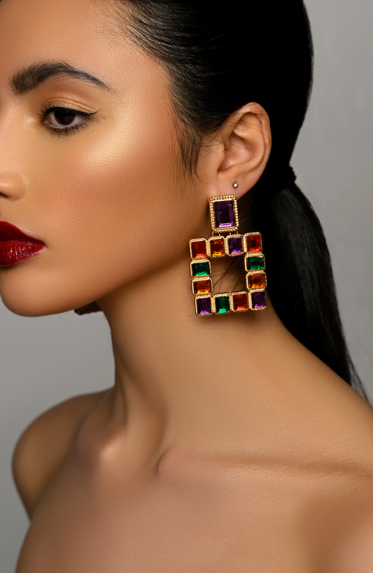 Bold Square Gemstone Statement Earrings