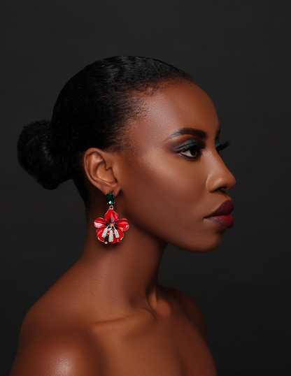 Bold Red Flower Drop Statement Earrings with Crystal Accents