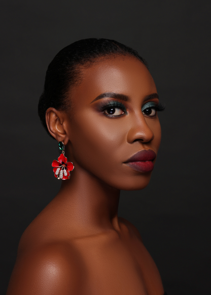 Bold Red Flower Drop Statement Earrings with Crystal Accents