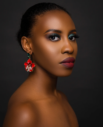 Bold Red Flower Drop Statement Earrings with Crystal Accents