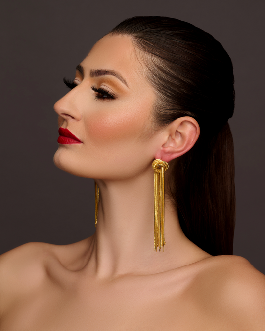 Elegant Long Gold-Plated Stainless Steel Knot Tassel Statement  Dangle Earrings