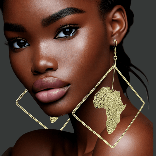 Africa Map Brass Earrings with Diamond Frame - Afrocentric Statement Jewellery - Fatisha Boutique