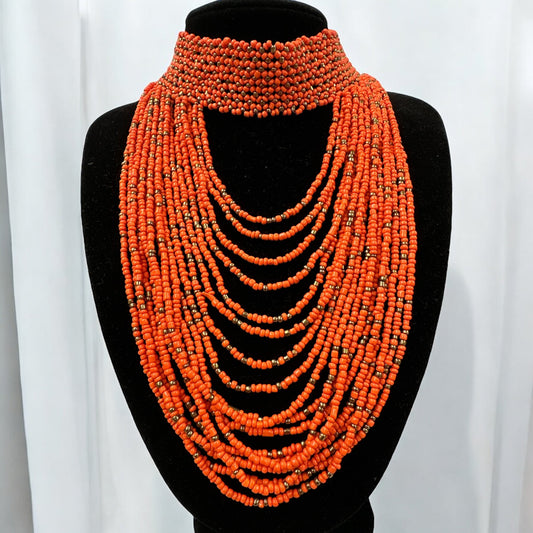 Authentic African Orange Beaded Ethnic Choker Necklace - Fatisha Boutique