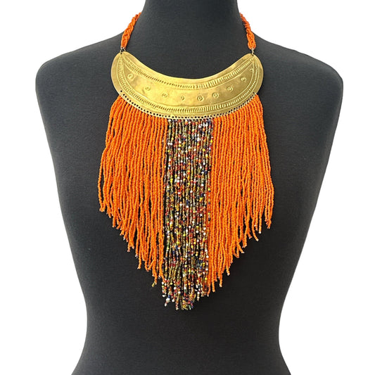 Authentic African Orange Beaded Ethnic Tassels Fringe Brass Pendant Necklace - Fatisha Boutique