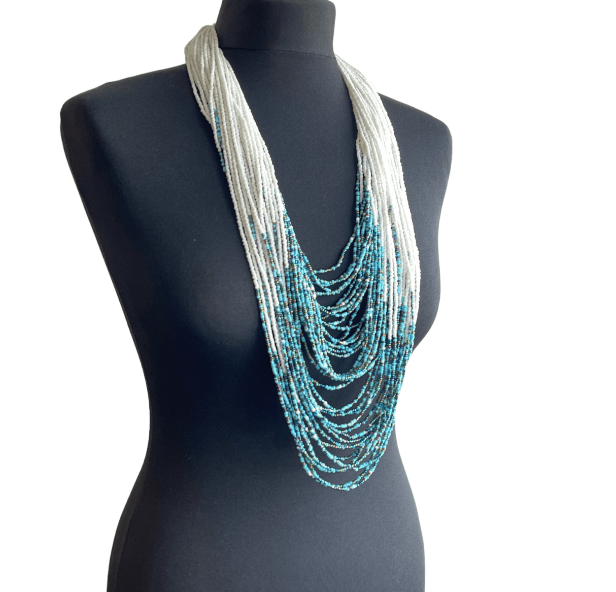 Authentic African White Blue Multilayered Beaded Long Necklaces - Fatisha Boutique