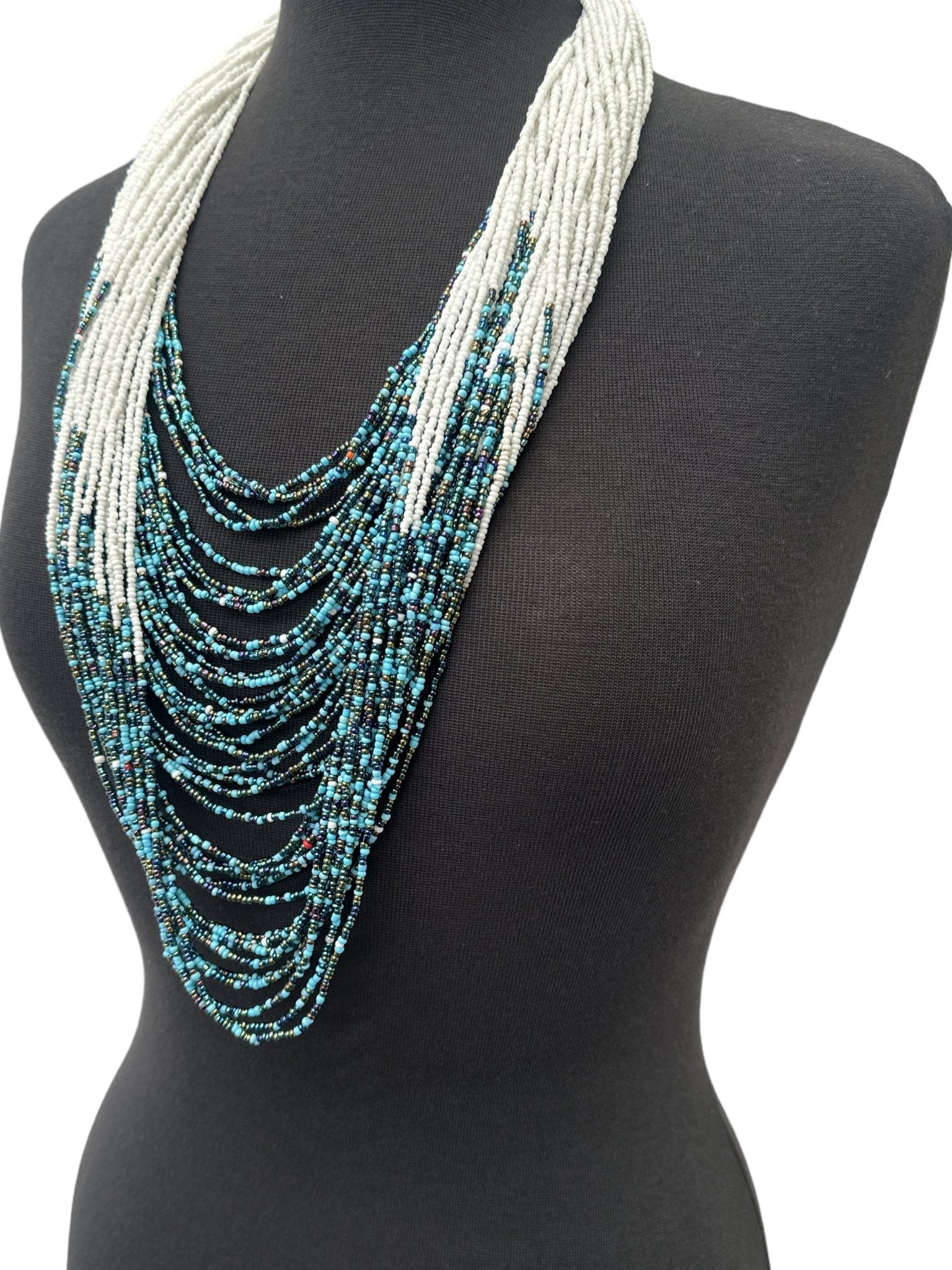 Authentic African White Blue Multilayered Beaded Long Necklaces - Fatisha Boutique