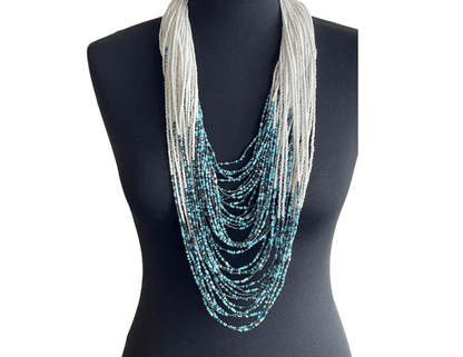 Authentic African White Blue Multilayered Beaded Long Necklaces - Fatisha Boutique