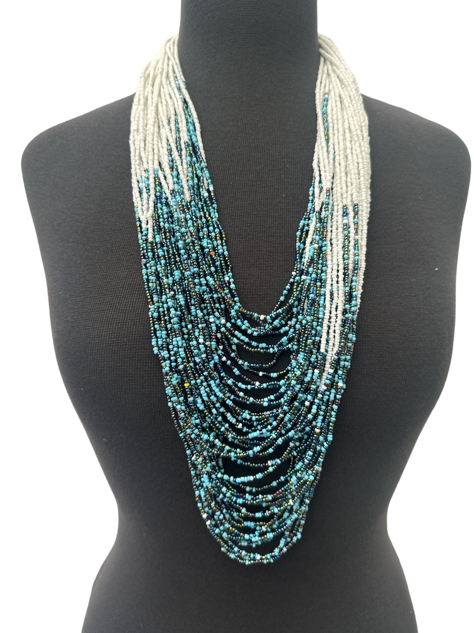 Authentic African White Blue Multilayered Beaded Long Necklaces - Fatisha Boutique