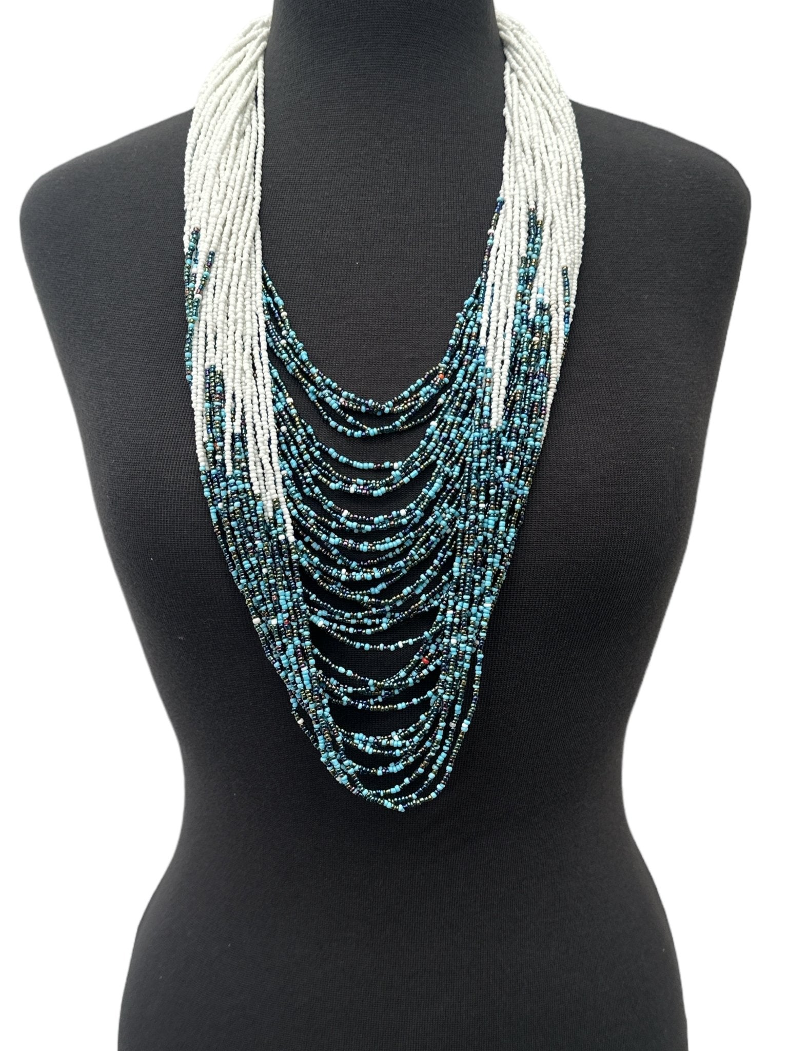 Authentic African White Blue Multilayered Beaded Long Necklaces - Fatisha Boutique