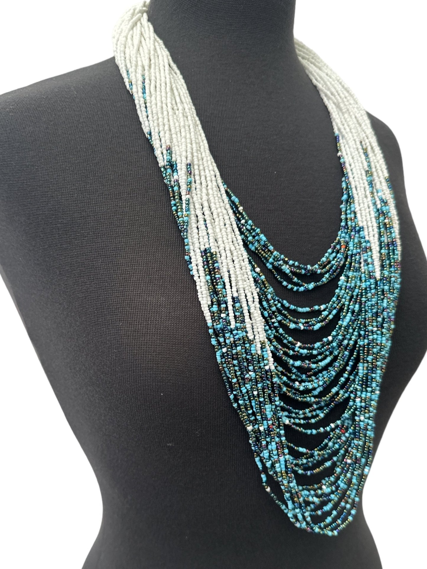 Authentic African White Blue Multilayered Beaded Long Necklaces - Fatisha Boutique