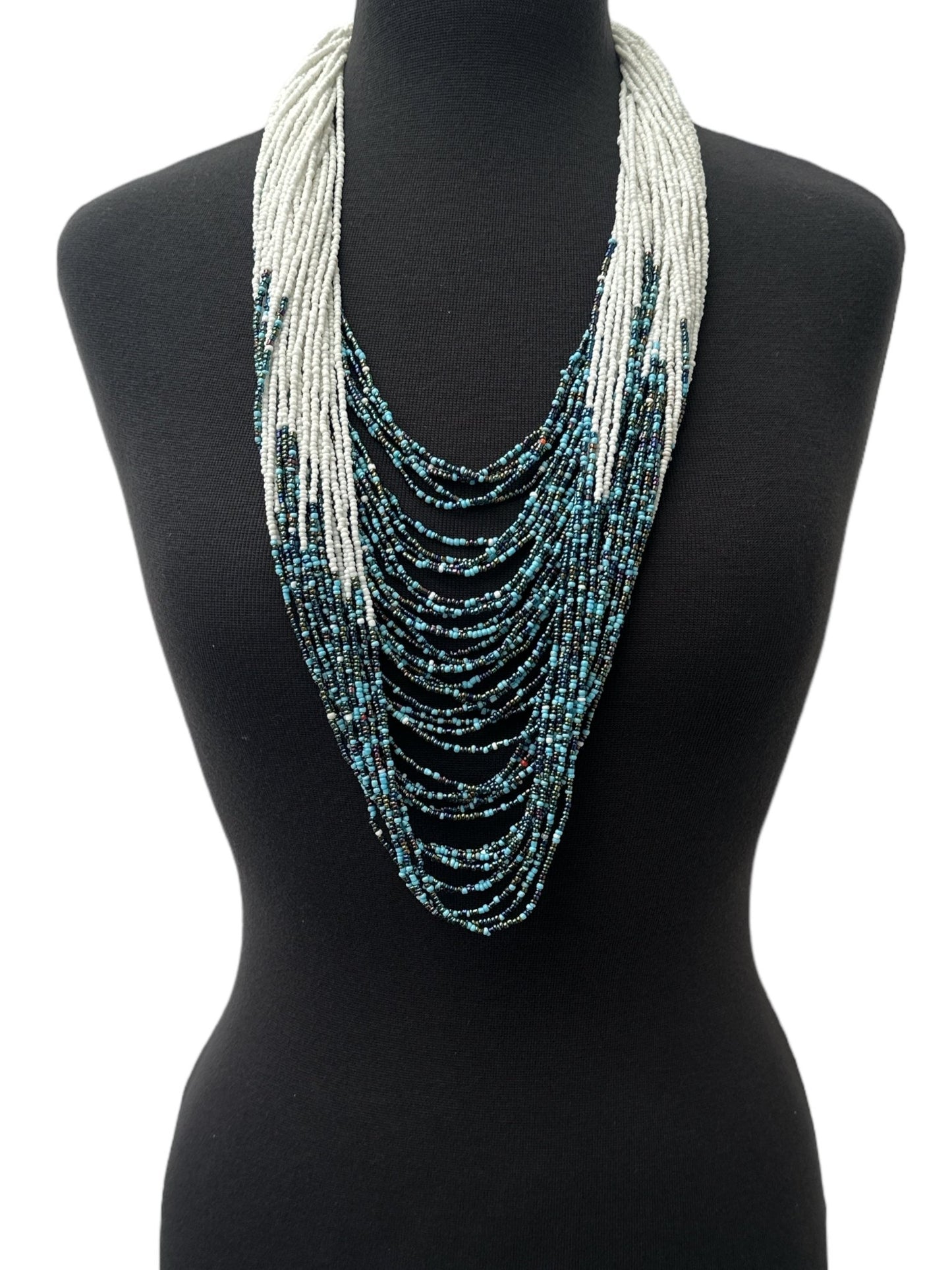 Authentic African White Blue Multilayered Beaded Long Necklaces - Fatisha Boutique