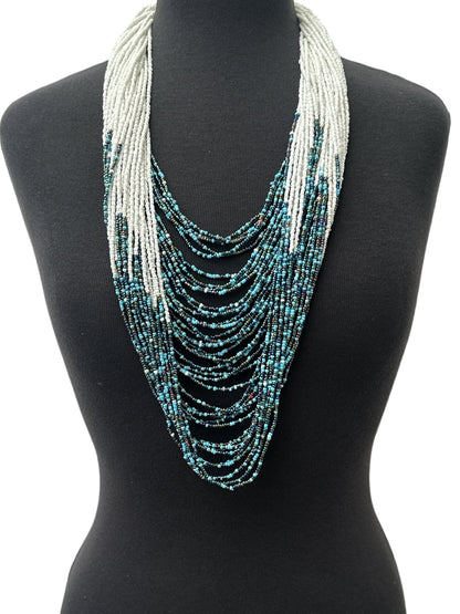 Authentic African White Blue Multilayered Beaded Long Necklaces - Fatisha Boutique