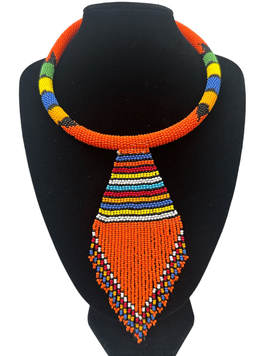 Authentic African Zulu Inspired Orange Beaded Pendant Tassel Necklace - Fatisha Boutique