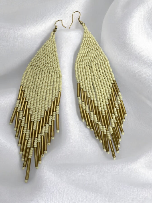 Boho Handmade Ivory and Gold Beaded Fringe Earrings - Fatisha Boutique