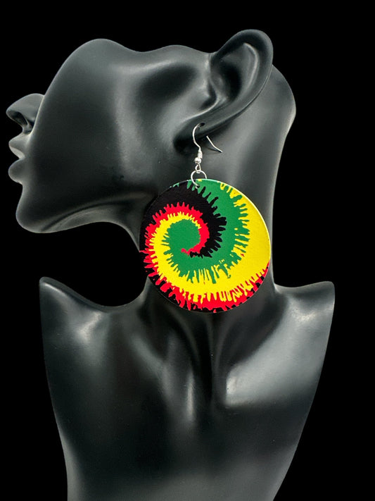 Double - Sided Wooden Spiral Dangle Earrings - Rasta Colours Statement Earrings (Red, Green, Yellow) - Fatisha Boutique