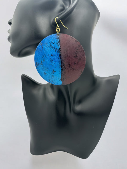 Handcrafted Bold Blue and Burgundy Round Brass Dangle Earrings - Fatisha Boutique