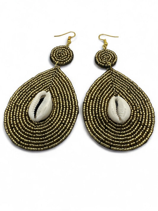 Handmade Gold Beaded Cowrie Shell Earrings - Fatisha Boutique