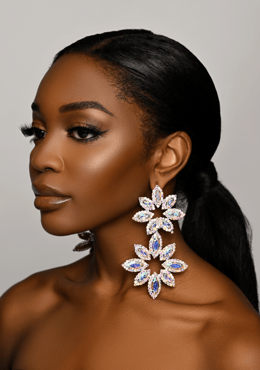 Long AB Colours Diamante Rhinestone Daisy Flower Stud Dangle Earrings - Fatisha Boutique