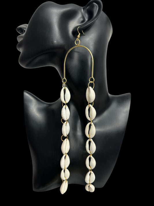 Long Cowrie Shell and Brass African Earrings - Statement Boho Dangle Earrings - Fatisha Boutique