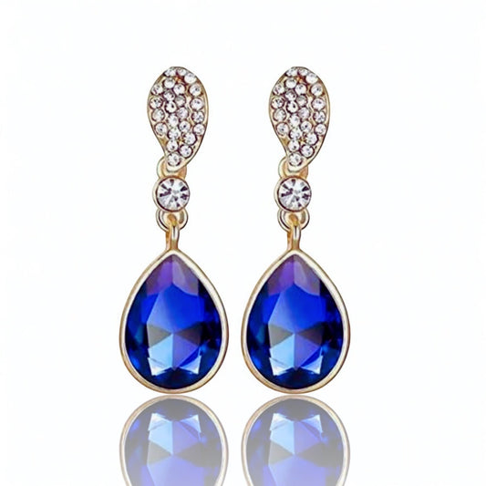 Luxury Blue Teardrop Rhinestone Earrings – Gold Plated Crystal Dangle Earrings for Women | Elegant Wedding & Party Jewelry - Fatisha Boutique