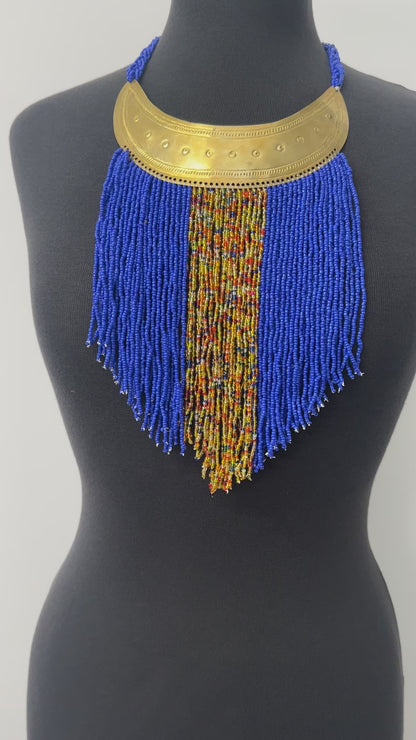 Authentic African Blue Beaded Ethnic Tassels Fringe Brass Pendant Necklace