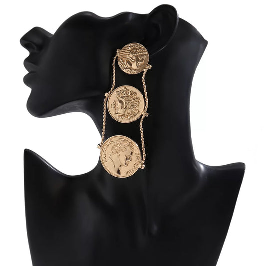 Long Elegant Gold Plated Coins Stud Dangle Earrings