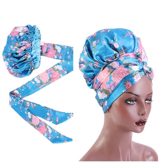 Floral Satin Silk Bonnet Turban Head Wrap - Fatisha Boutique